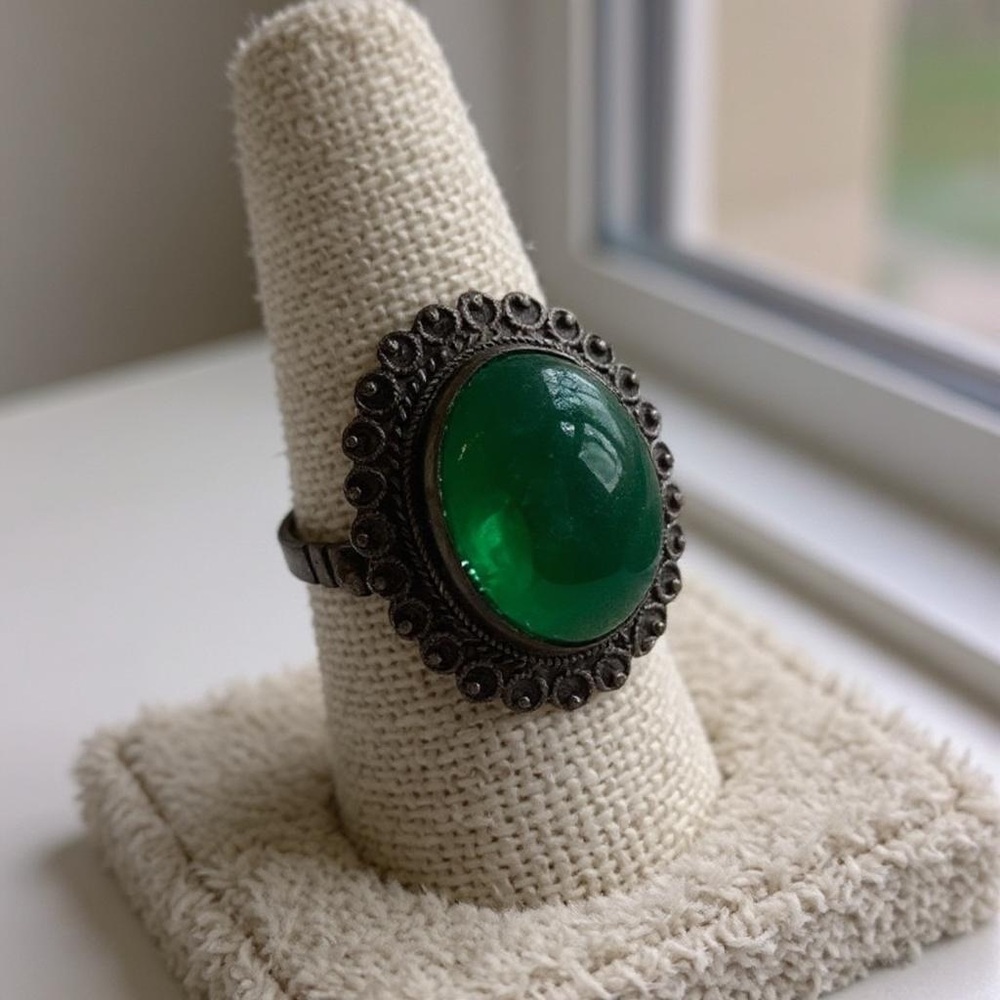 Vintage Genuine Jade and Sterling Ring, size 5.25